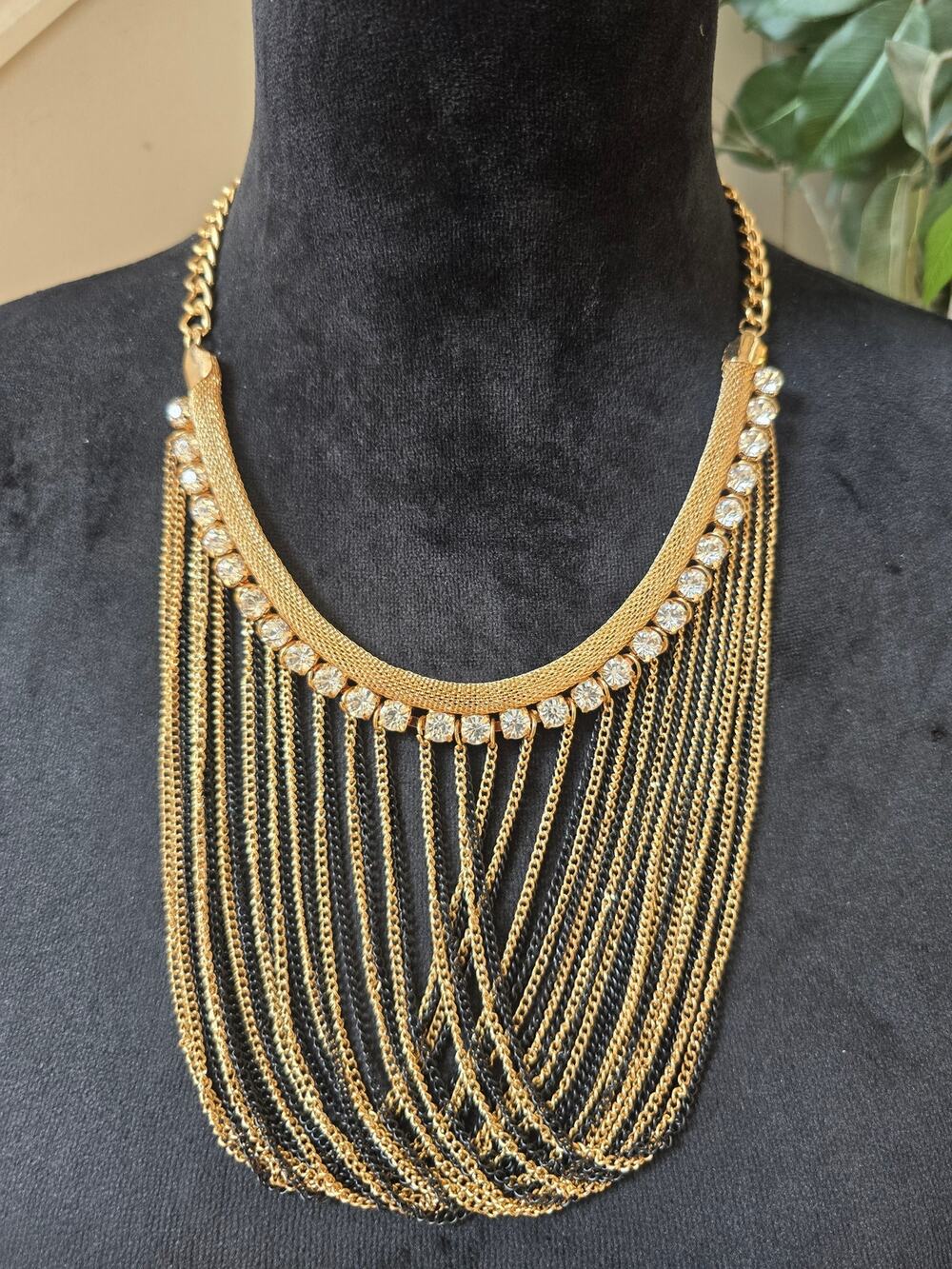 Gold Tone Multi Strand Draped Chain Bib Statement Necklace Rhinestone Fashion